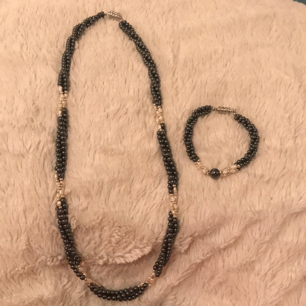 Charcoal Bead & White Pearl Necklace & Bracelet